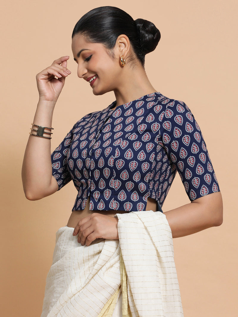 Kaira x Rozaana | Elbow Sleeves Cotton Saree Blouse in Indigo Blue Spade Block Print Fabric-Binks
