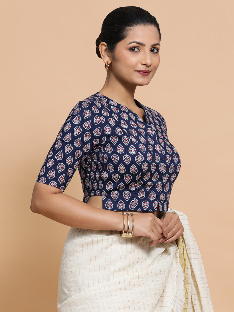 Kaira x Rozaana | Elbow Sleeves Cotton Saree Blouse in Indigo Blue Spade Block Print Fabric-Binks