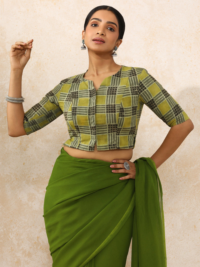 Kajal x Rozaana | Elbow Sleeves Saree Blouse in Olive Grid Block Print Cotton-Binks
