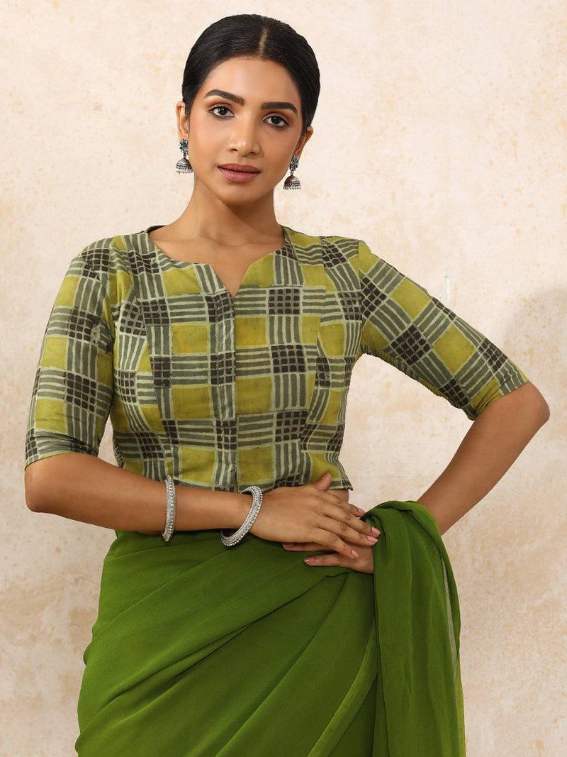 Kajal x Rozaana | Elbow Sleeves Saree Blouse in Olive Grid Block Print Cotton-Binks