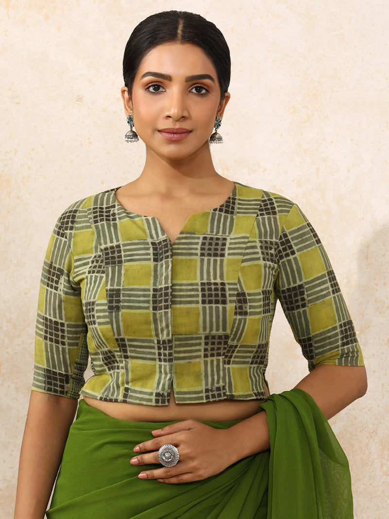 Kajal x Rozaana | Elbow Sleeves Saree Blouse in Olive Grid Block Print Cotton-Binks