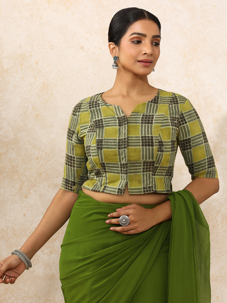 Kajal x Rozaana Saree Blouse, in Green 100% Cotton - Block Printed, featuring elbow sleeves and round neckline (view 6).