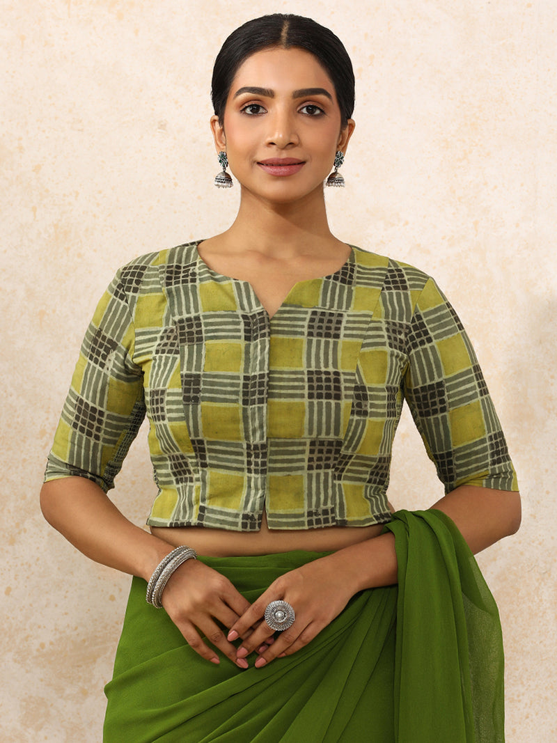 Kajal x Rozaana | Elbow Sleeves Saree Blouse in Olive Grid Block Print Cotton-Binks
