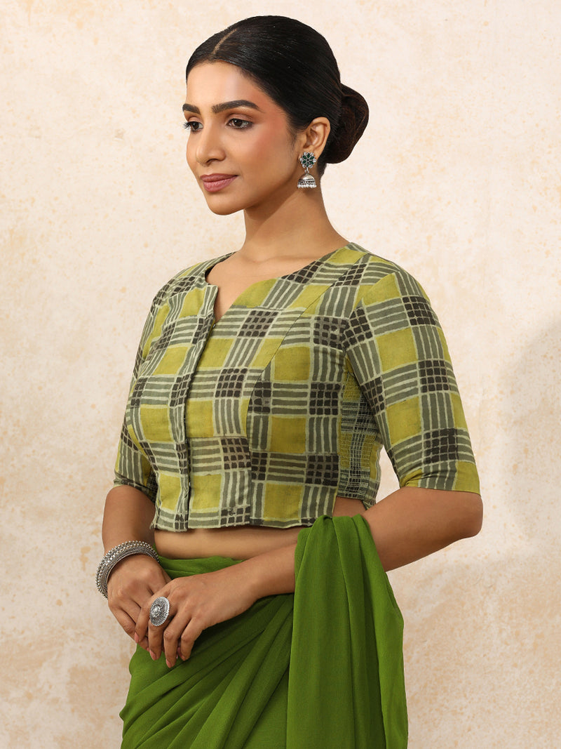 Kajal x Rozaana | Elbow Sleeves Saree Blouse in Olive Grid Block Print Cotton-Binks