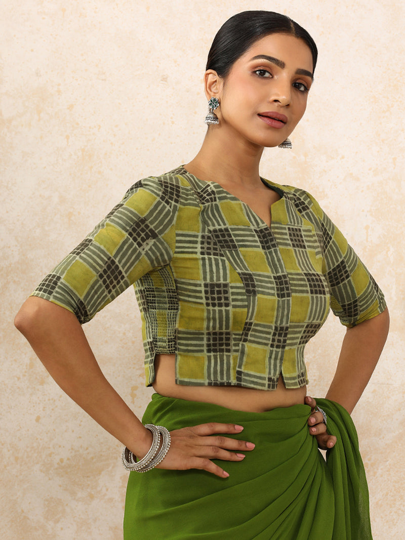 Kajal x Rozaana | Elbow Sleeves Saree Blouse in Olive Grid Block Print Cotton-Binks