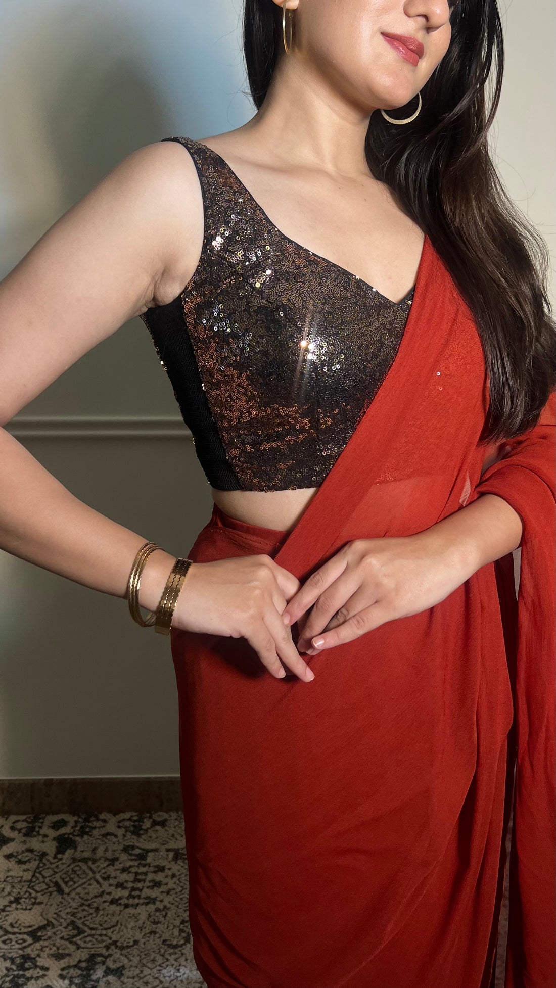 Kanika x Tyohaar Saree Blouse, in Gold Sequin, featuring sleeveless, made for party & festive (view 8).