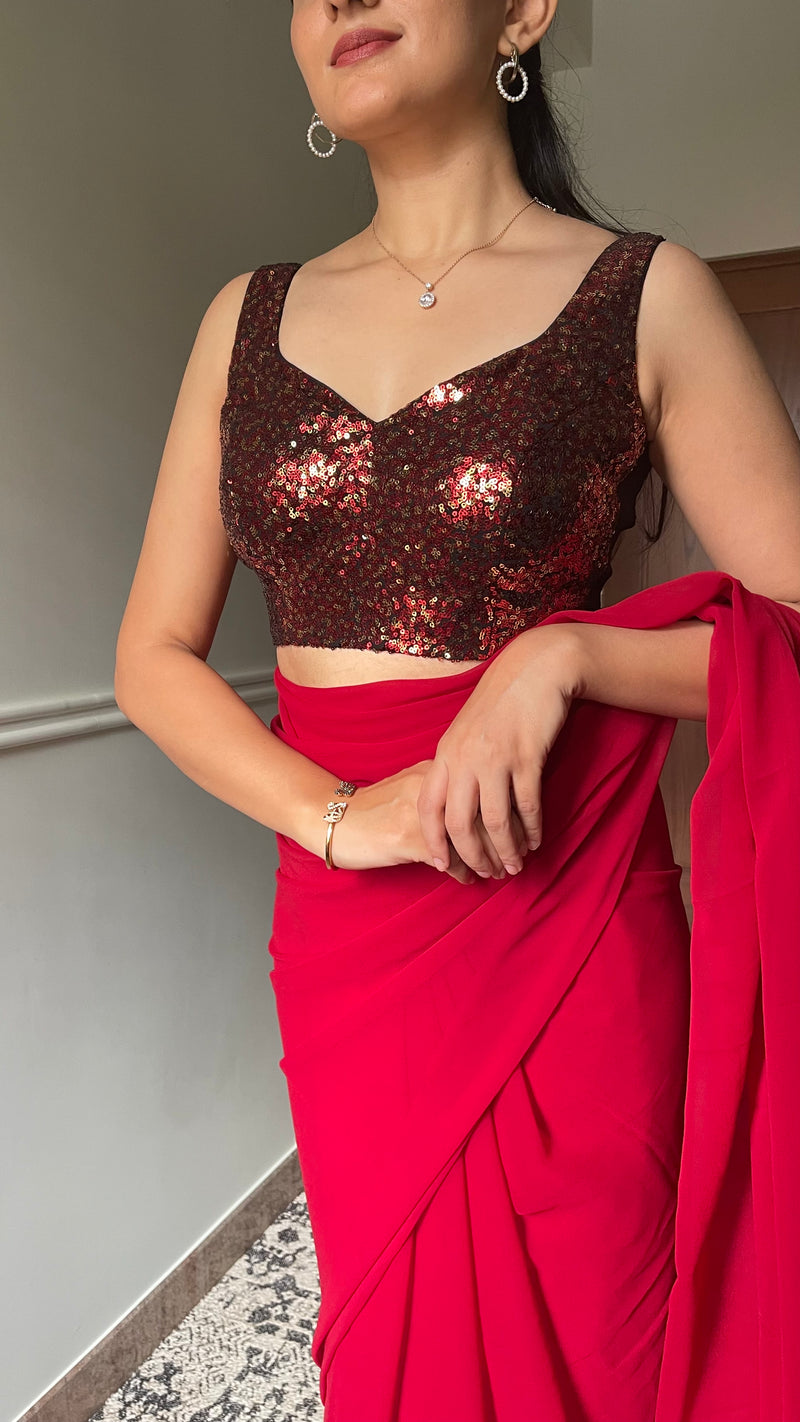 Kanika x Tyohaar | Sleeveless Red Sequined Saree Blouse with Sweetheart Neck-Binks