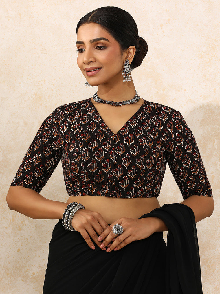 Karina x Rozaana Saree Blouse, in Black 100% Cotton - Block Printed, featuring elbow sleeves and v-neckline.
