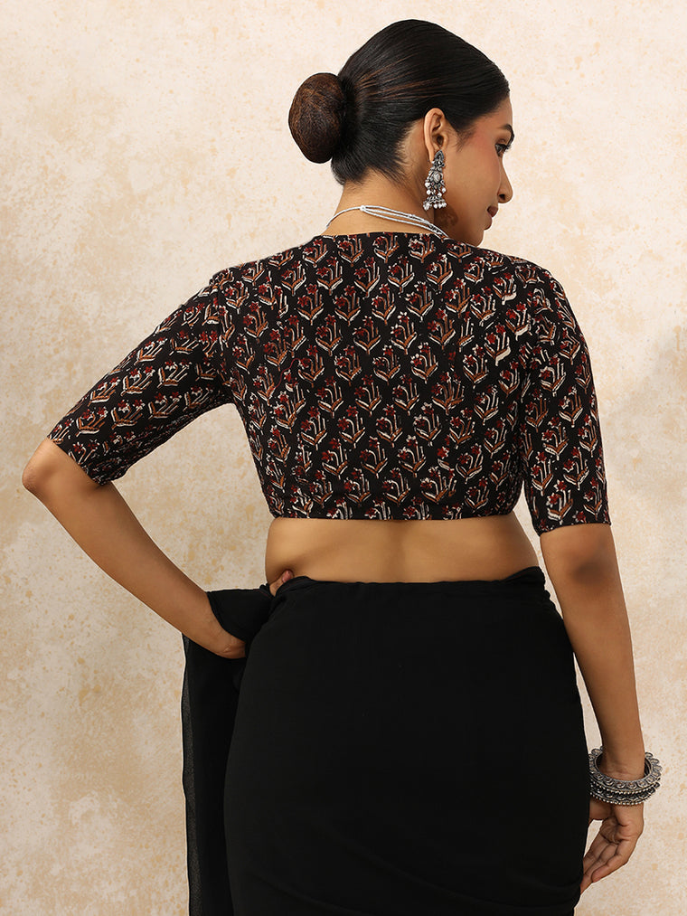 Karina x Rozaana Saree Blouse, in Black 100% Cotton - Block Printed, featuring elbow sleeves and v-neckline (view 2).