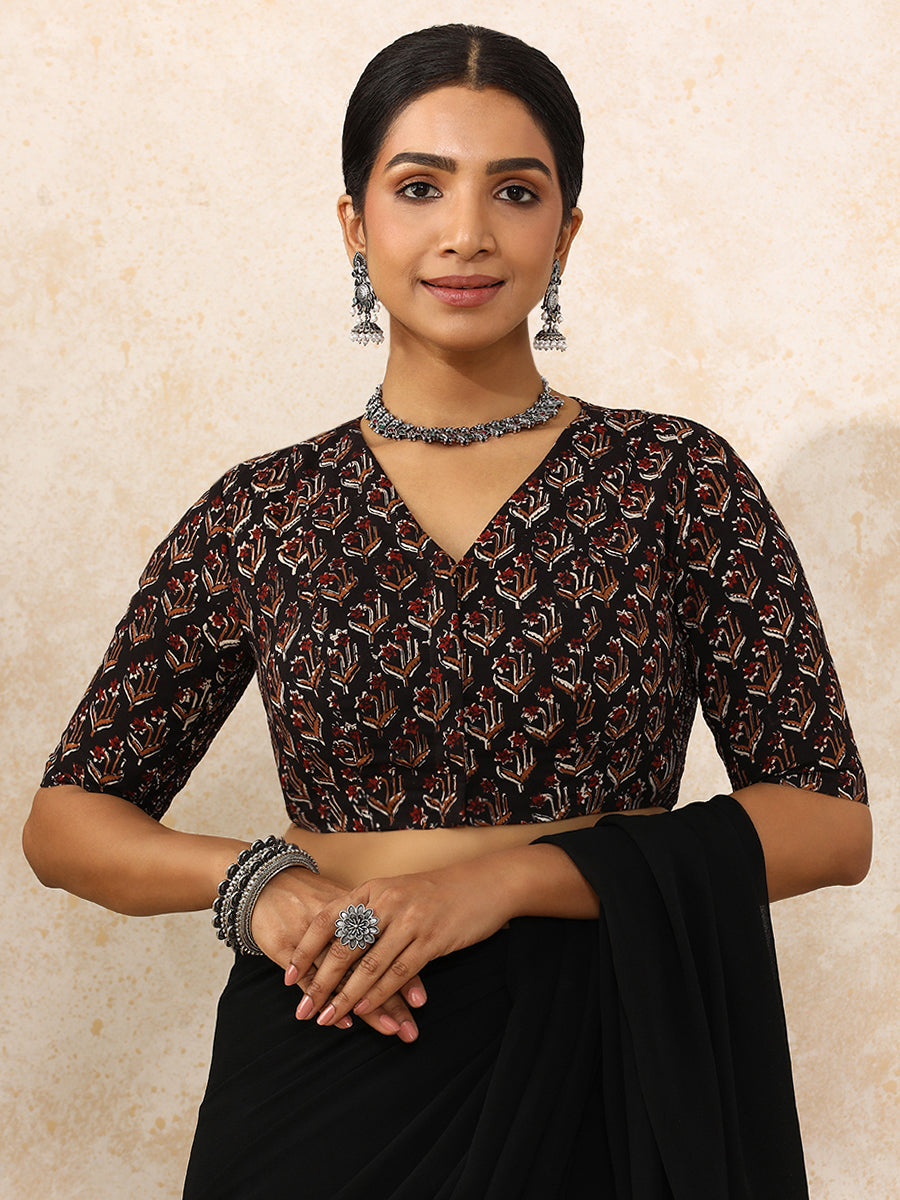 Karina x Rozaana Saree Blouse, in Black 100% Cotton - Block Printed, featuring elbow sleeves and v-neckline (view 5).