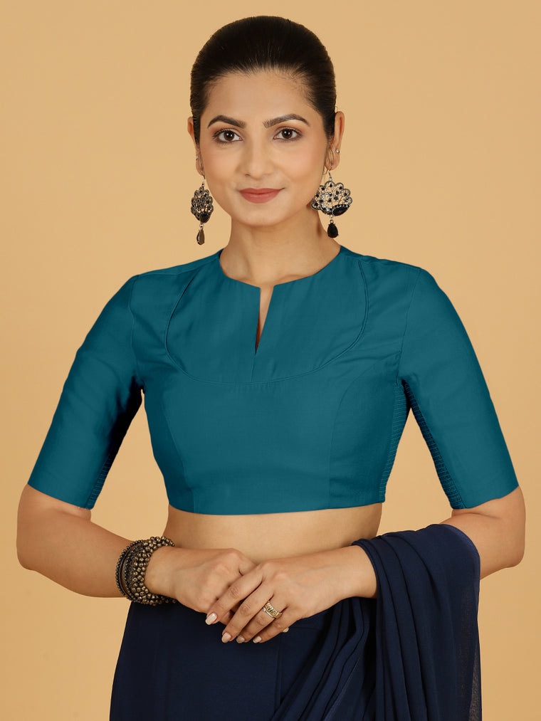 Karishma x Rozaana Saree Blouse, in Green Viscose, featuring elbow sleeves and jewel neckline, made for daily & work.