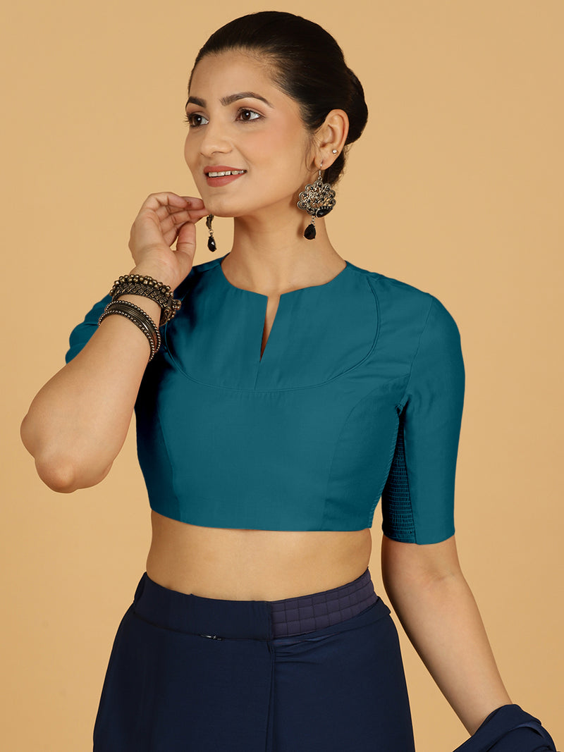 Karishma x Rozaana | Elbow Sleeves Saree Blouse in Crystal Teal-Binks