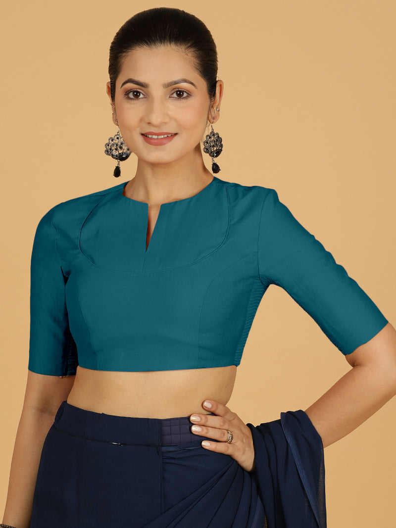 Karishma x Rozaana | Elbow Sleeves Saree Blouse in Crystal Teal-Binks