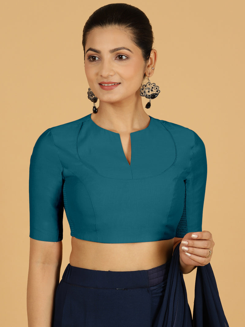 Karishma x Rozaana | Elbow Sleeves Saree Blouse in Crystal Teal-Binks