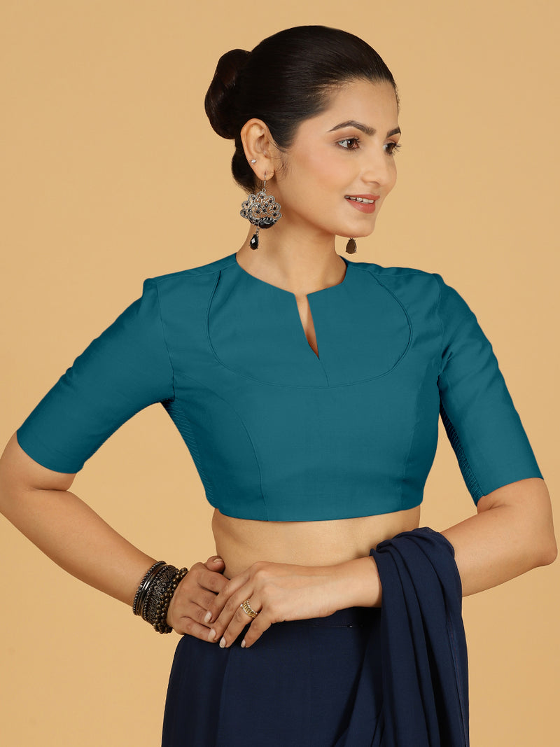 Karishma x Rozaana | Elbow Sleeves Saree Blouse in Crystal Teal-Binks