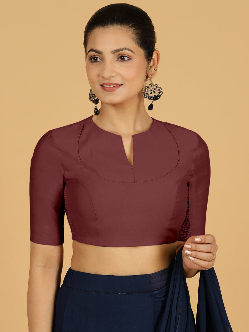 Karishma x Rozaana | Elbow Sleeves Saree Blouse in Deep Maroon-Binks
