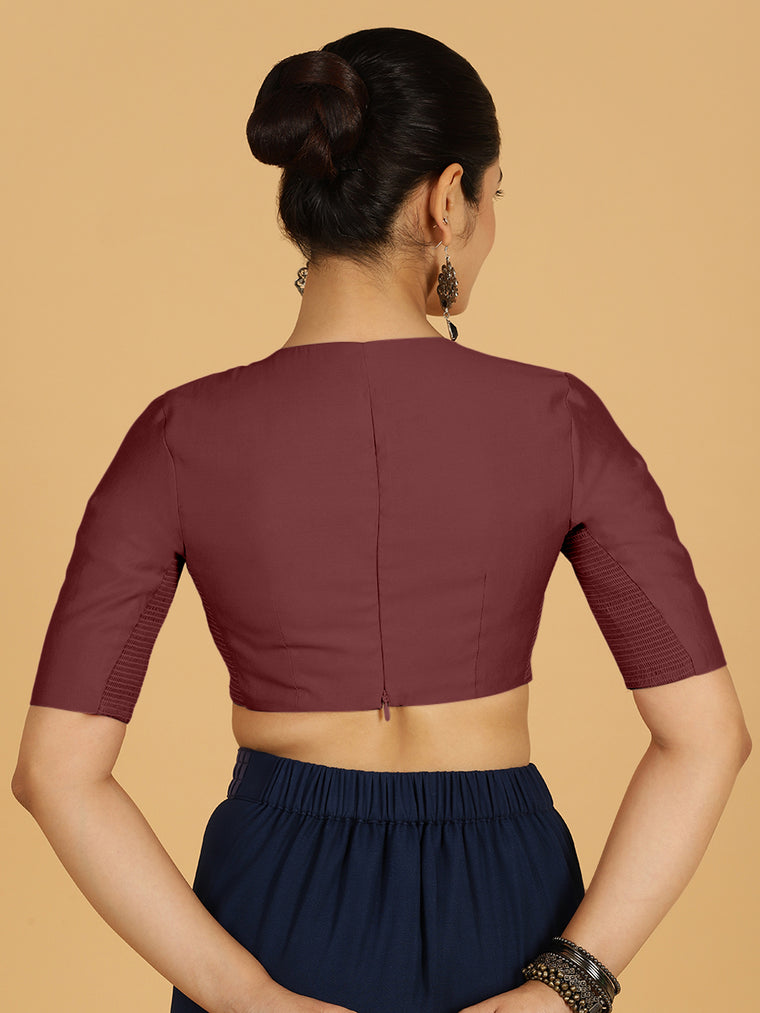 Karishma x Rozaana Saree Blouse, in Maroon Viscose, featuring elbow sleeves and jewel neckline, made for daily & work (view 2).