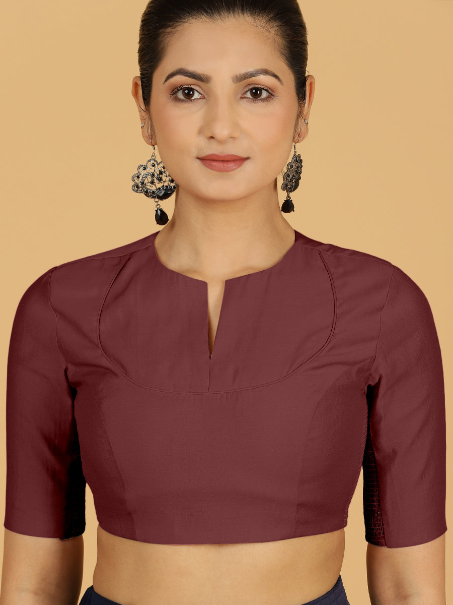 Karishma x Rozaana Saree Blouse, in Maroon Viscose, featuring elbow sleeves and jewel neckline, made for daily & work (view 5).