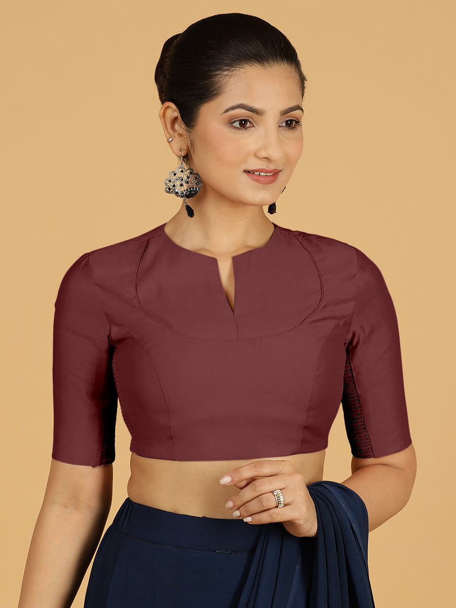 Karishma x Rozaana Saree Blouse, in Maroon Viscose, featuring elbow sleeves and jewel neckline, made for daily & work (view 8).