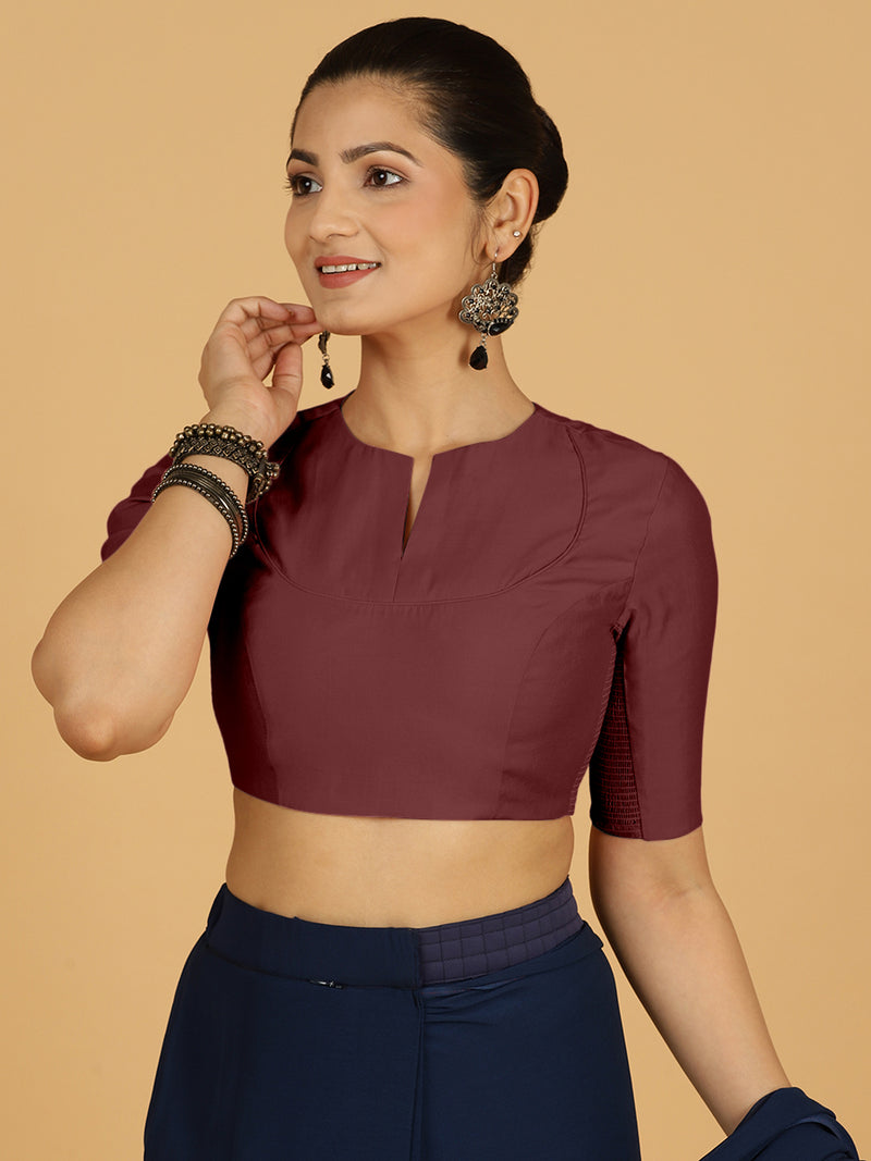 Karishma x Rozaana | Elbow Sleeves Saree Blouse in Deep Maroon-Binks