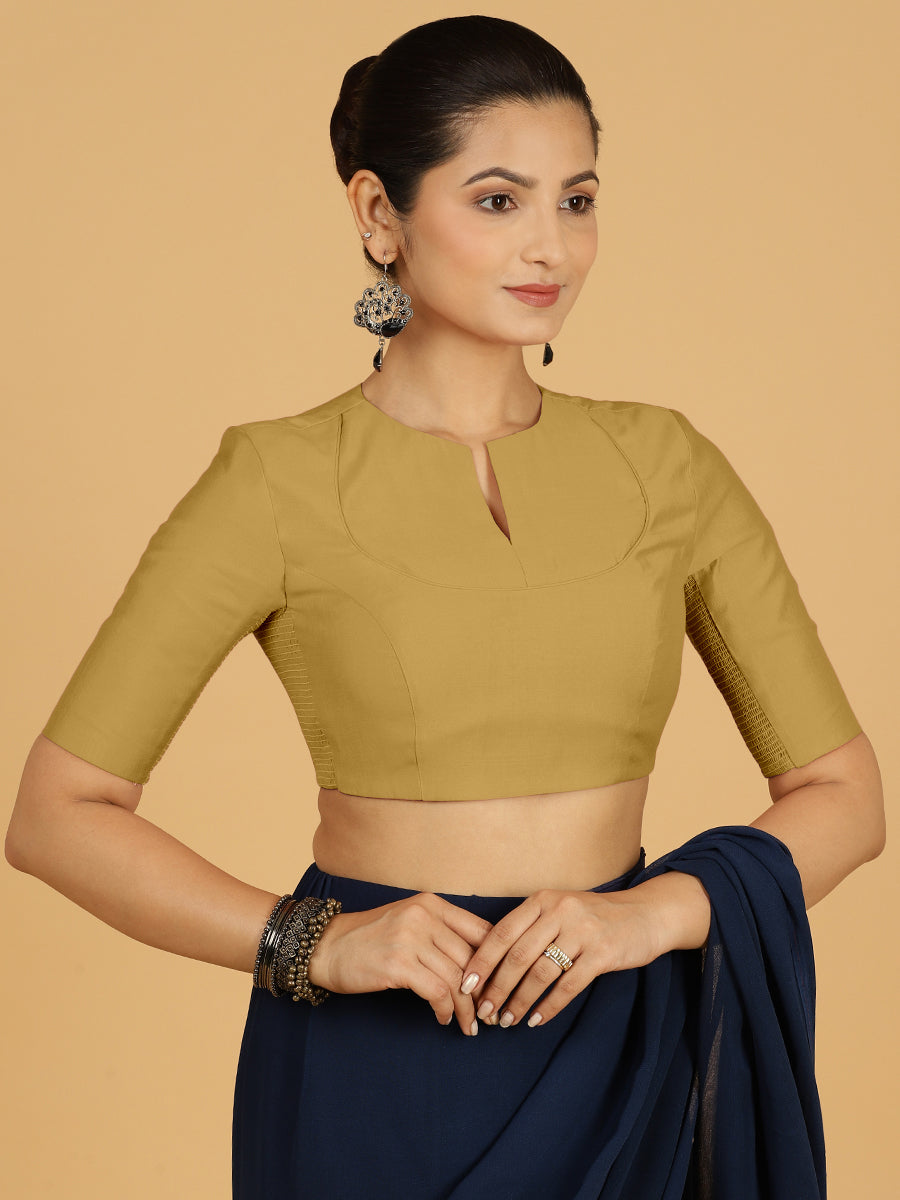 Karishma x Rozaana Saree Blouse, in Yellow Viscose, featuring elbow sleeves and jewel neckline, made for daily & work.