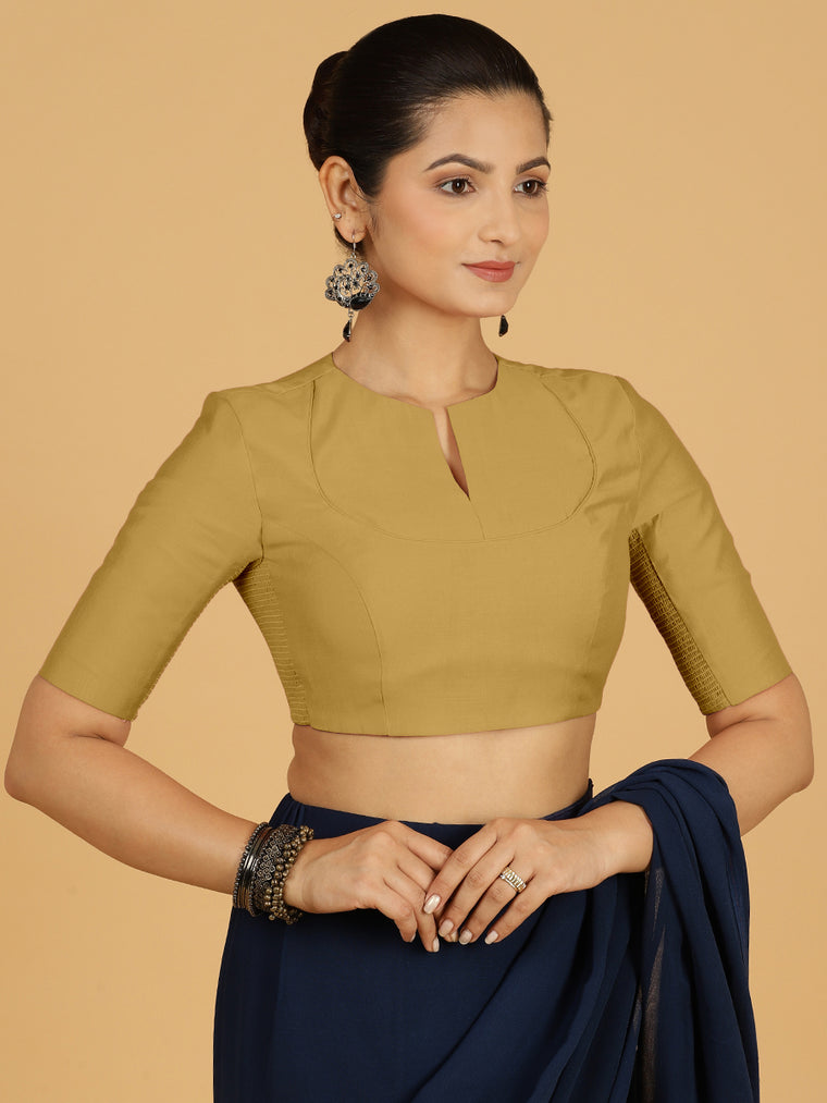 Karishma x Rozaana Saree Blouse, in Yellow Viscose, featuring elbow sleeves and jewel neckline, made for daily & work.