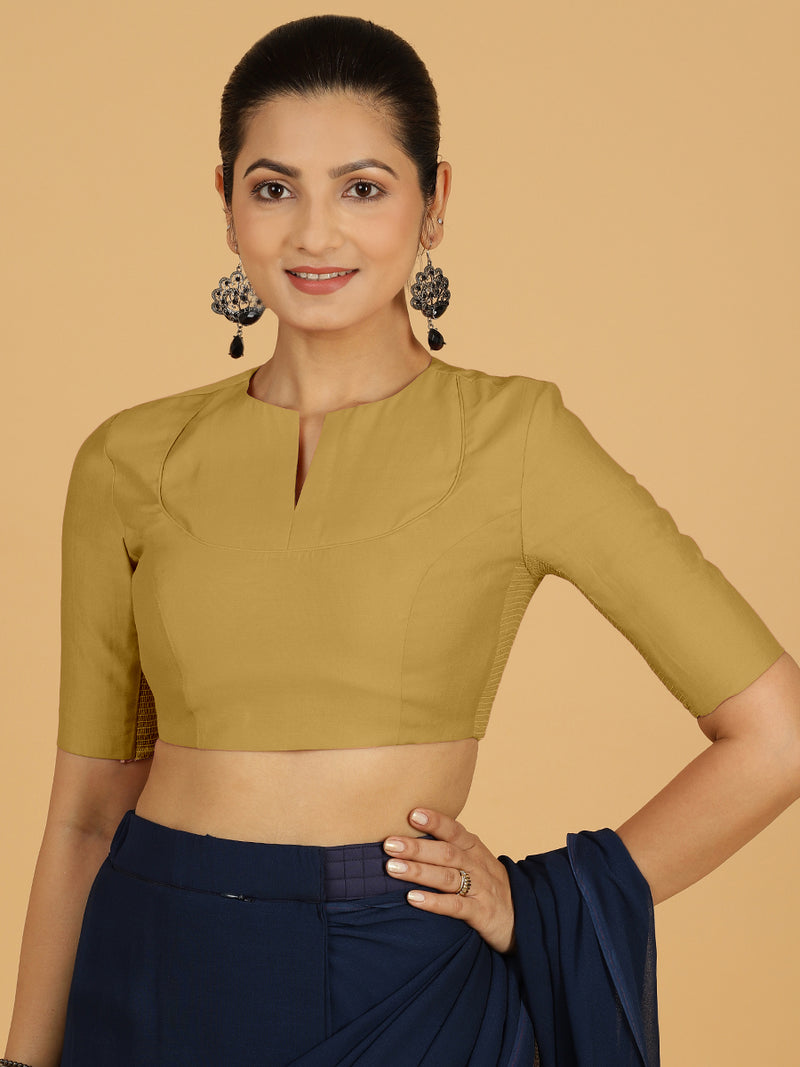 Karishma x Rozaana | Elbow Sleeves Saree Blouse in Dijon Mustard-Binks