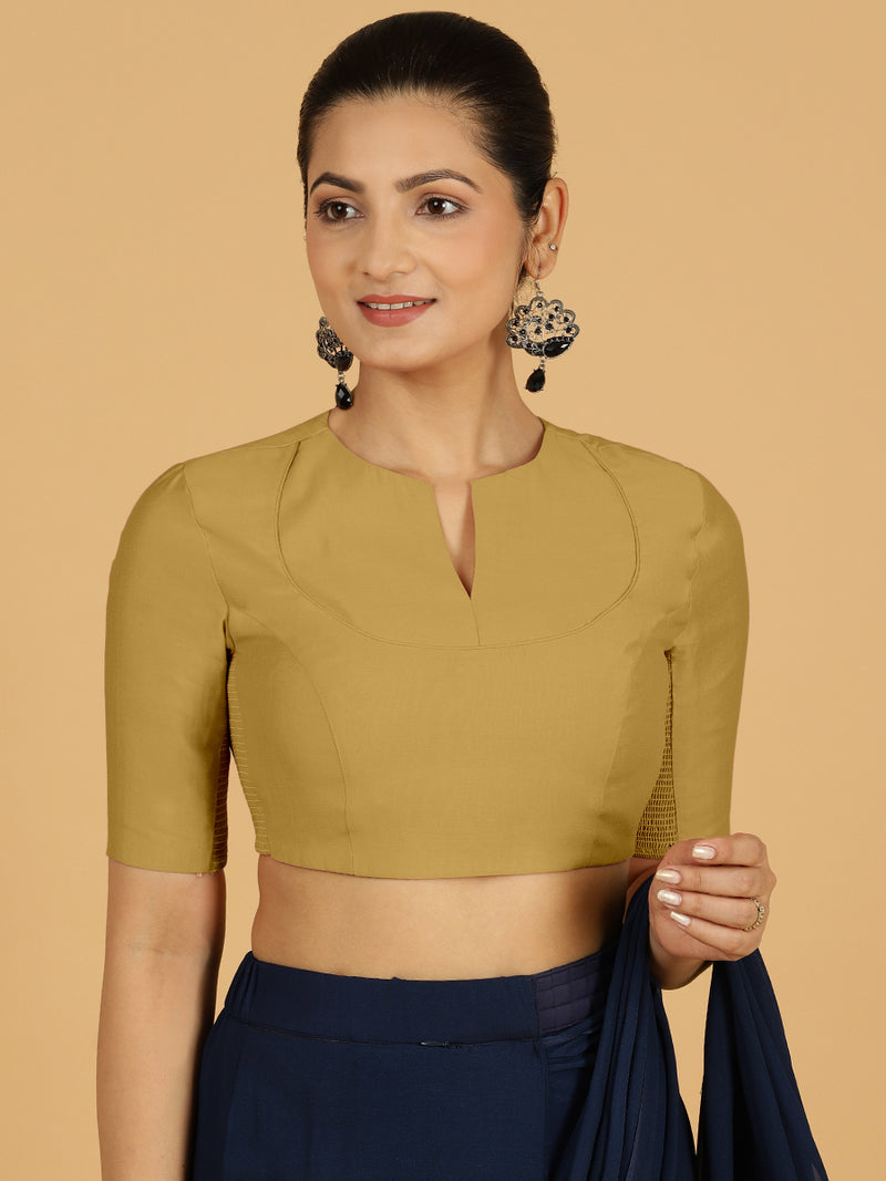 Karishma x Rozaana | Elbow Sleeves Saree Blouse in Dijon Mustard-Binks