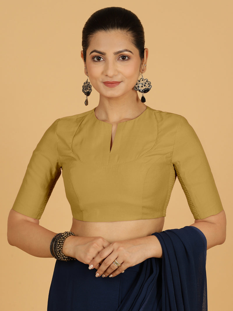 Karishma x Rozaana | Elbow Sleeves Saree Blouse in Dijon Mustard-Binks