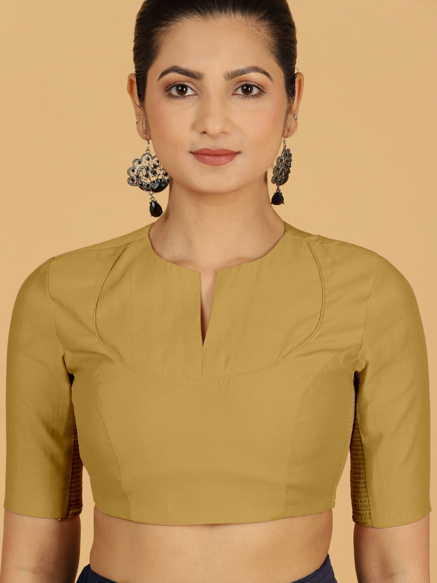 Karishma x Rozaana Saree Blouse, in Yellow Viscose, featuring elbow sleeves and jewel neckline, made for daily & work (view 5).