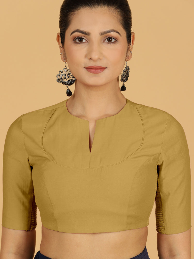 Karishma x Rozaana | Elbow Sleeves Saree Blouse in Dijon Mustard-Binks