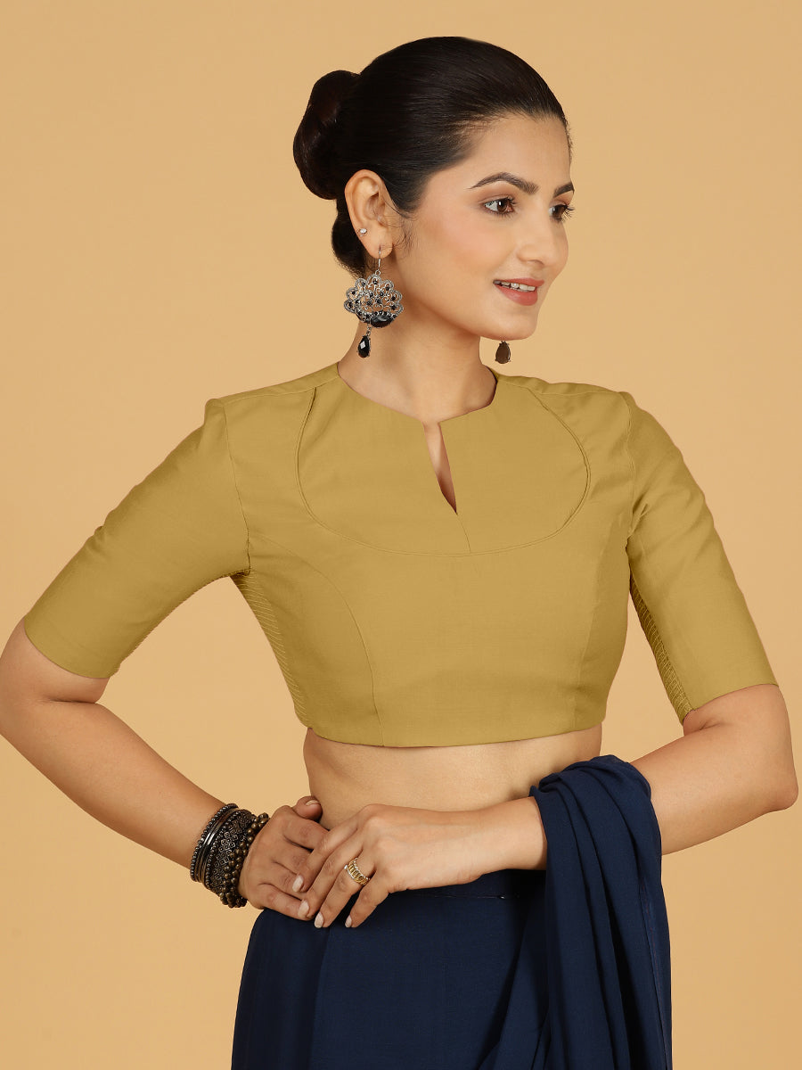 Karishma x Rozaana Saree Blouse, in Yellow Viscose, featuring elbow sleeves and jewel neckline, made for daily & work (view 7).