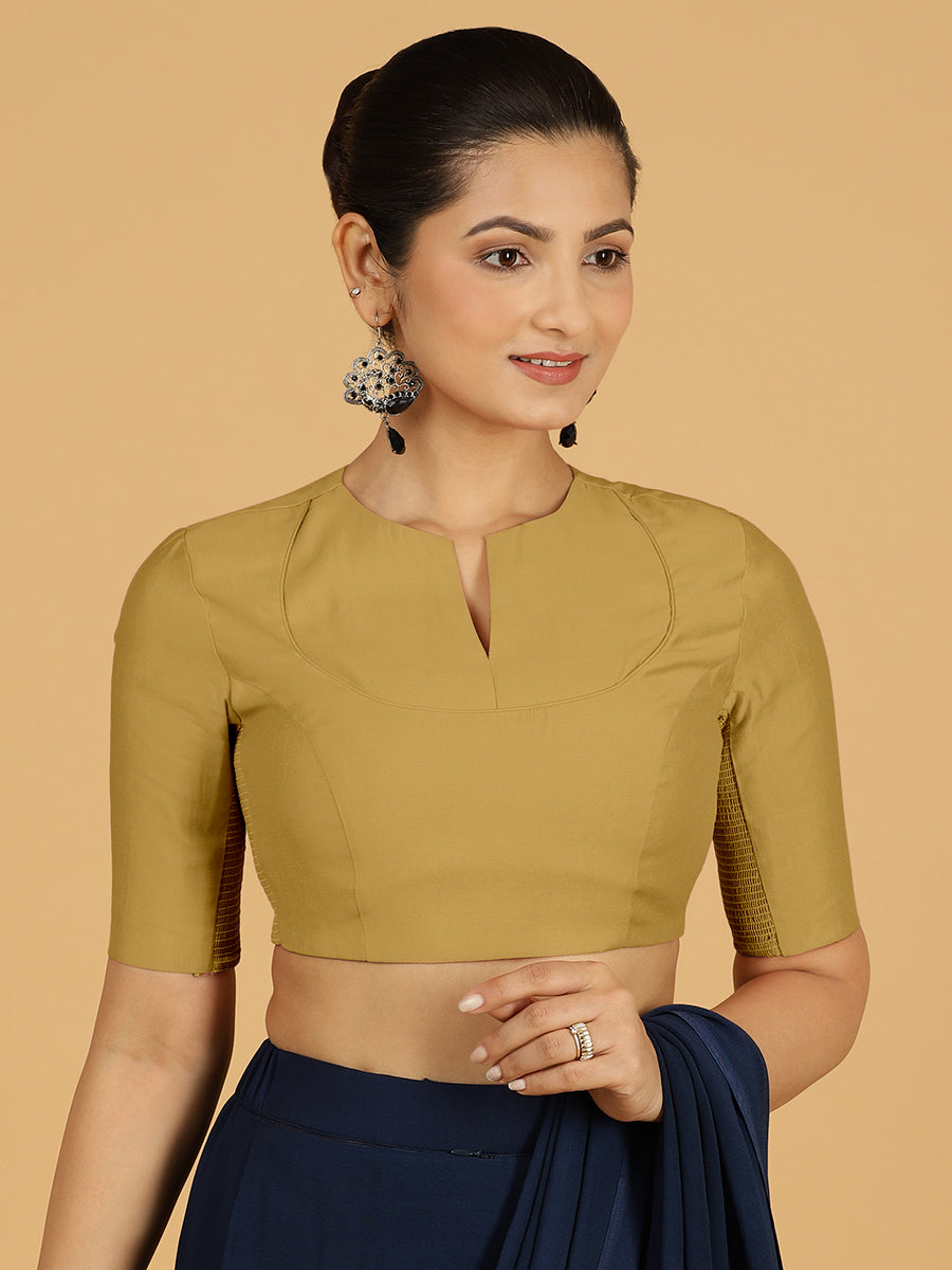 Karishma x Rozaana Saree Blouse, in Yellow Viscose, featuring elbow sleeves and jewel neckline, made for daily & work (view 8).