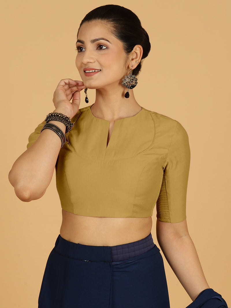 Karishma x Rozaana | Elbow Sleeves Saree Blouse in Dijon Mustard-Binks