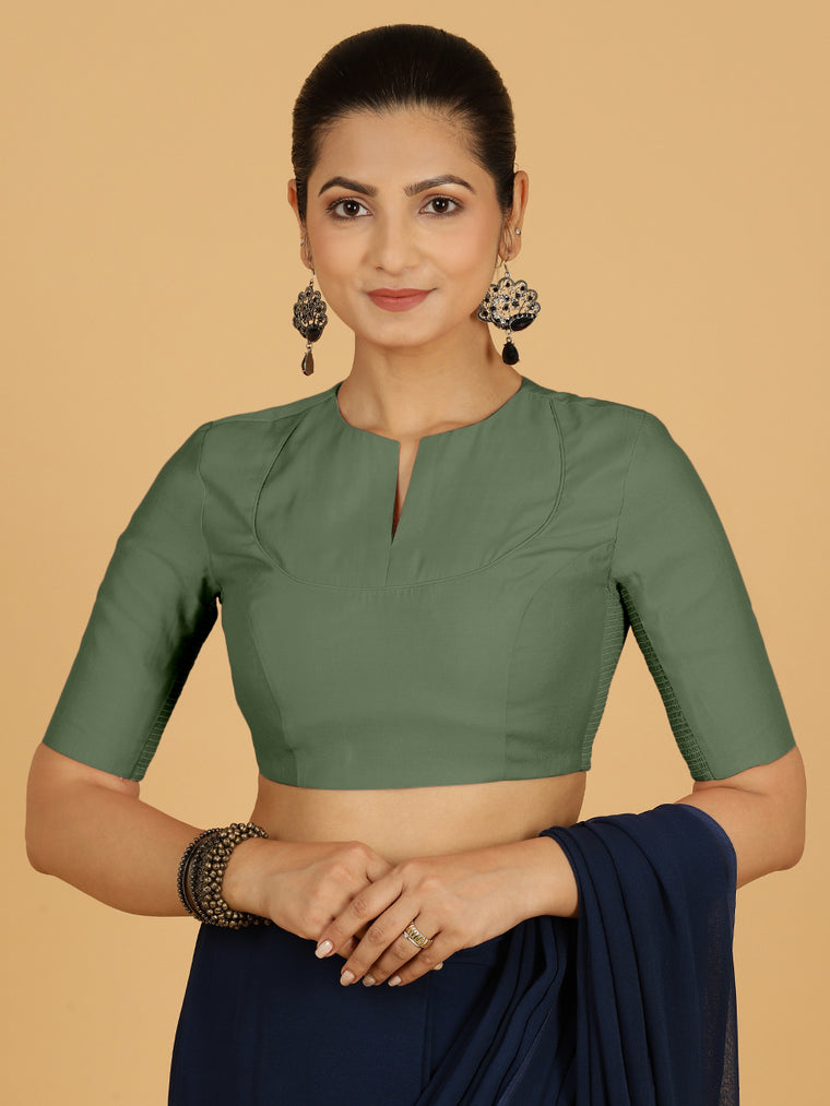 Karishma x Rozaana Saree Blouse, in Green Viscose, featuring elbow sleeves and jewel neckline, made for daily & work.