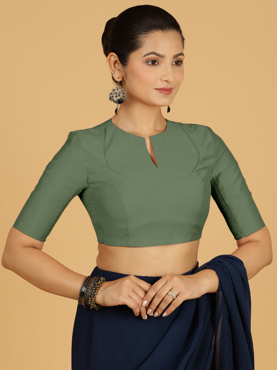Karishma x Rozaana Saree Blouse, in Green Viscose, featuring elbow sleeves and jewel neckline, made for daily & work (view 8).