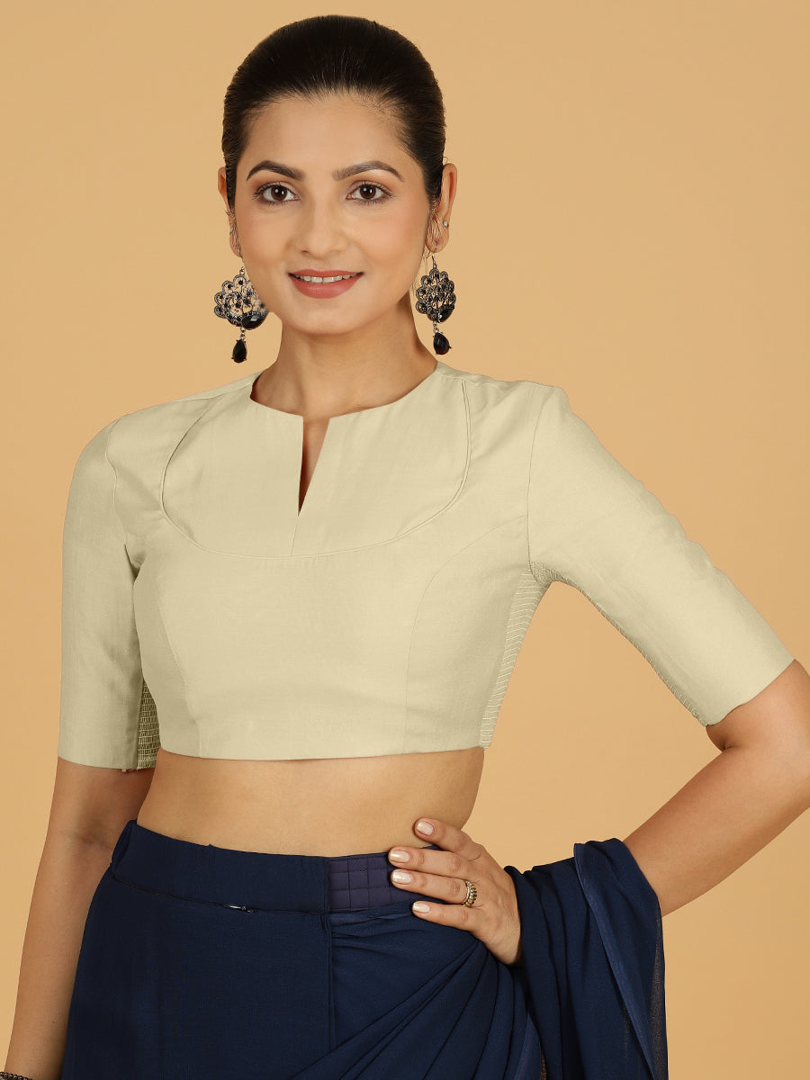 Karishma x Rozaana Saree Blouse, in White Viscose, featuring elbow sleeves and jewel neckline, made for daily & work.