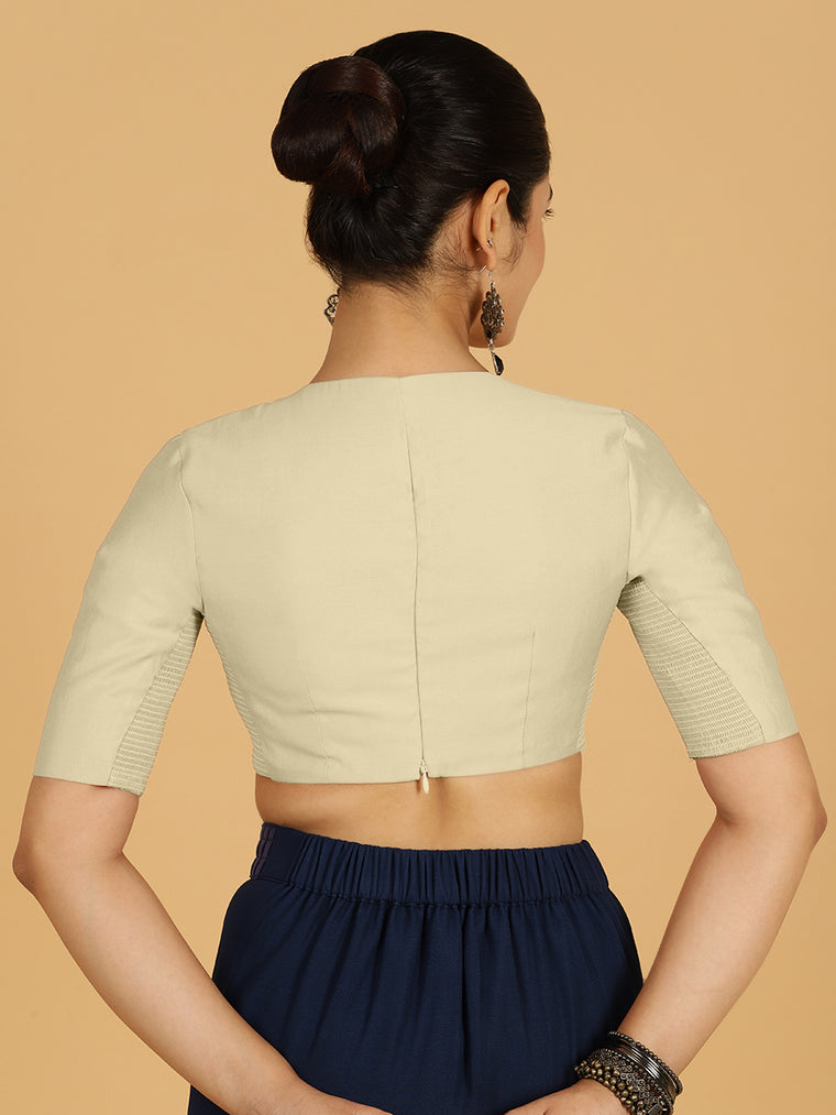 Karishma x Rozaana Saree Blouse, in White Viscose, featuring elbow sleeves and jewel neckline, made for daily & work (view 2).