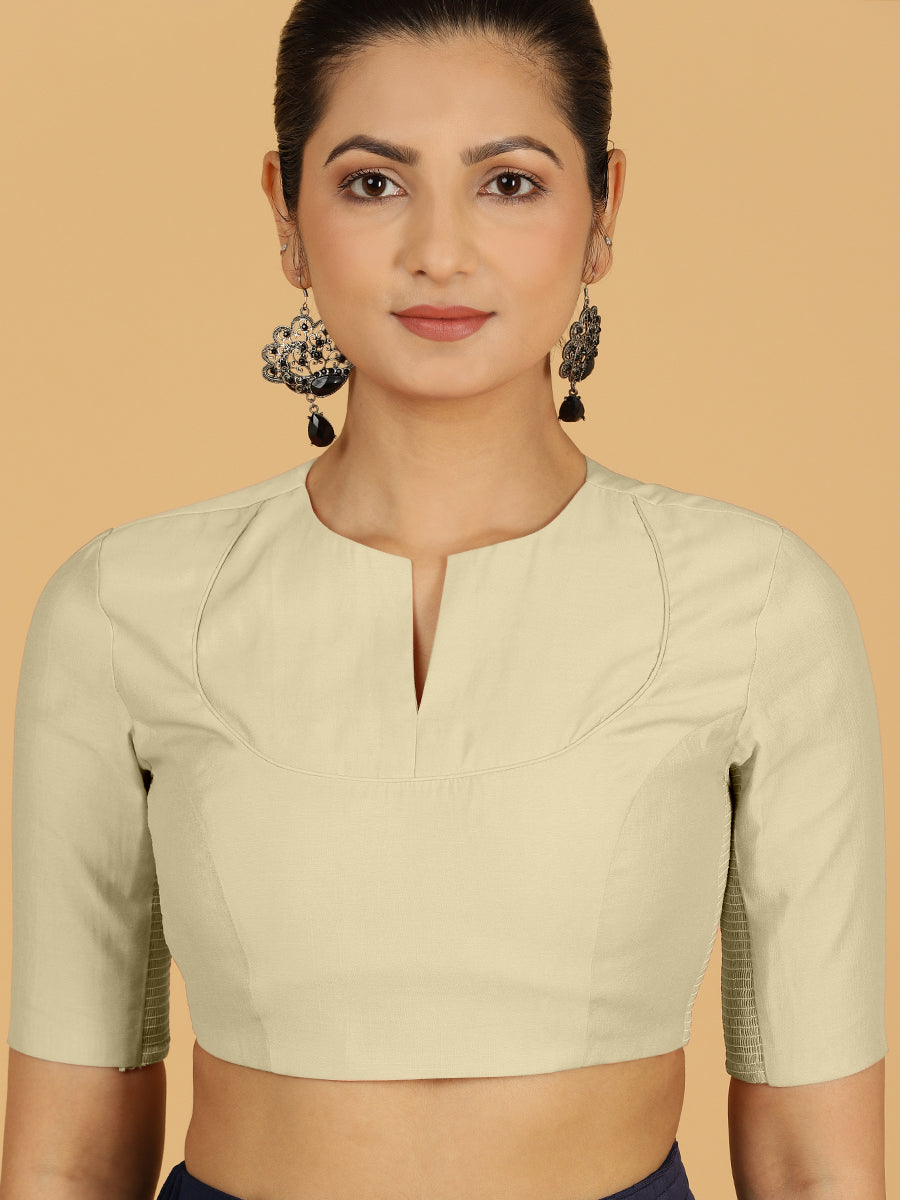 Karishma x Rozaana Saree Blouse, in White Viscose, featuring elbow sleeves and jewel neckline, made for daily & work (view 5).