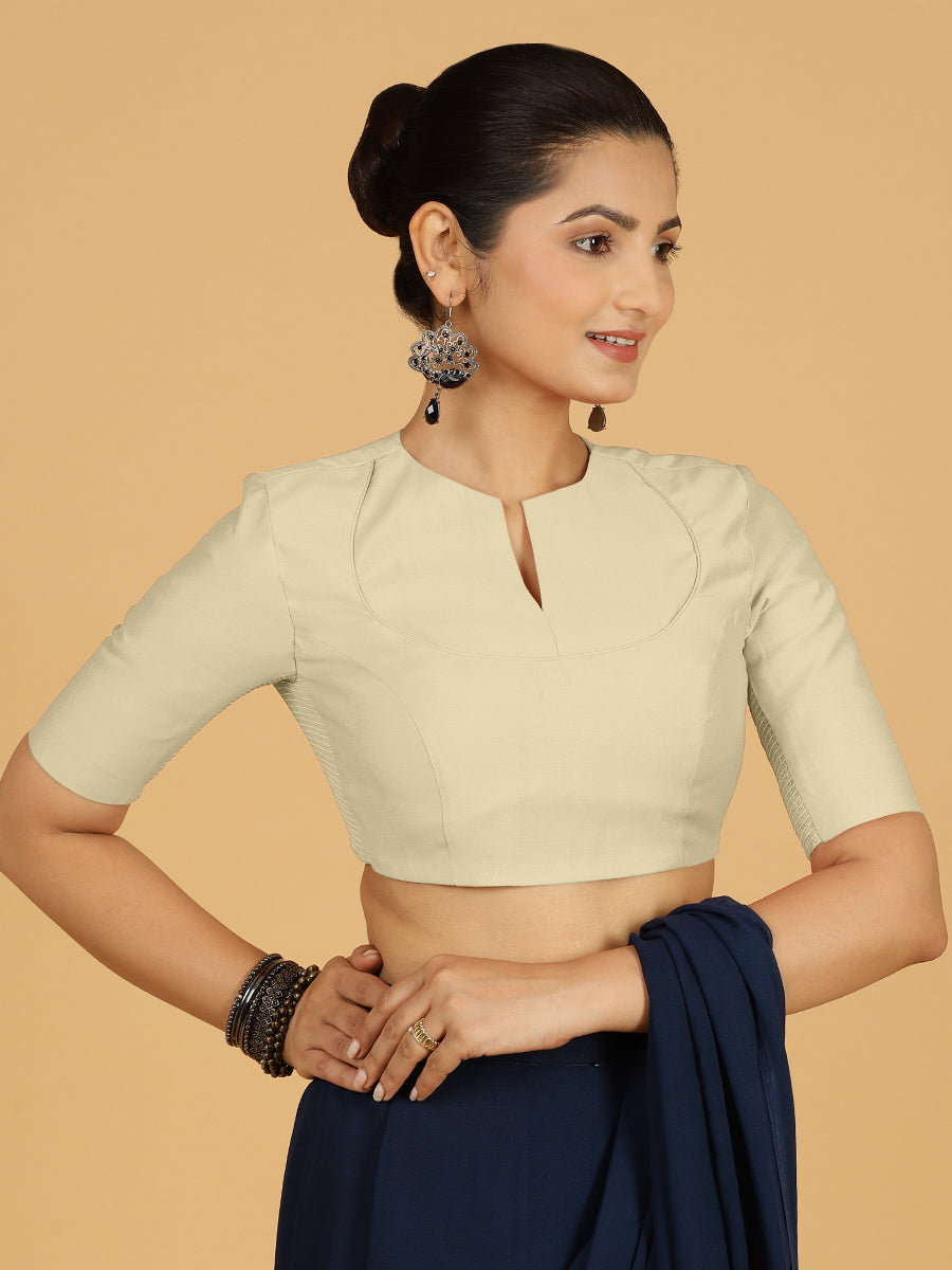 Karishma x Rozaana Saree Blouse, in White Viscose, featuring elbow sleeves and jewel neckline, made for daily & work (view 7).