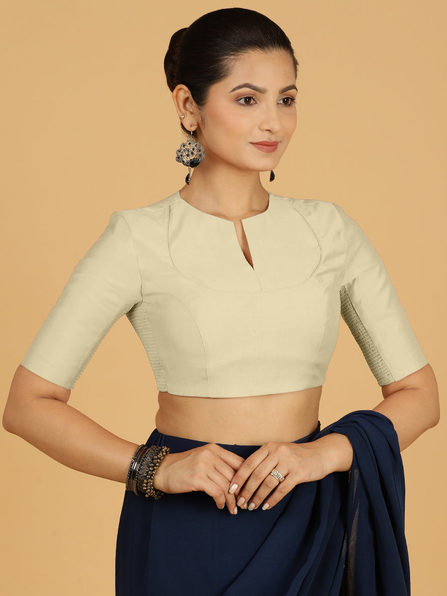 Karishma x Rozaana Saree Blouse, in White Viscose, featuring elbow sleeves and jewel neckline, made for daily & work (view 8).