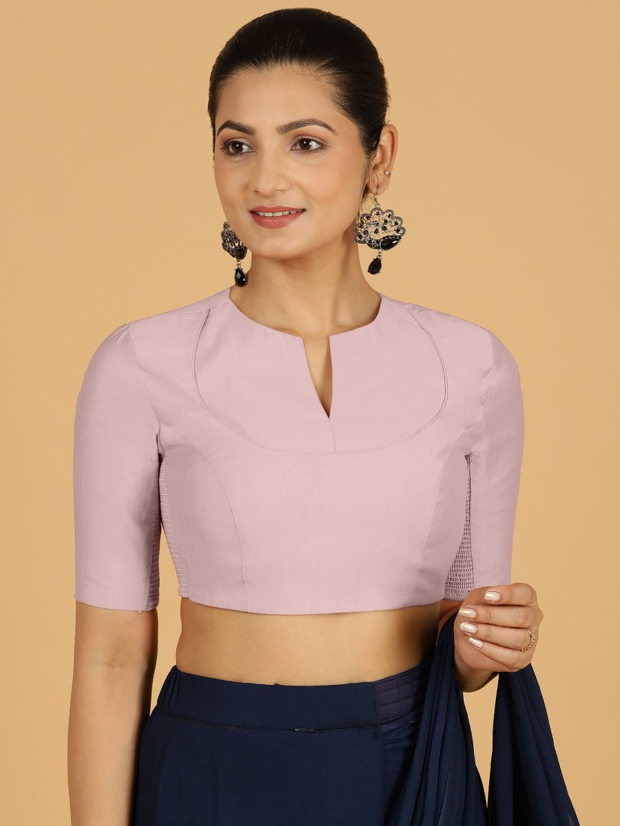 Karishma x Rozaana Saree Blouse, in Pink Viscose, featuring elbow sleeves and jewel neckline, made for daily & work.