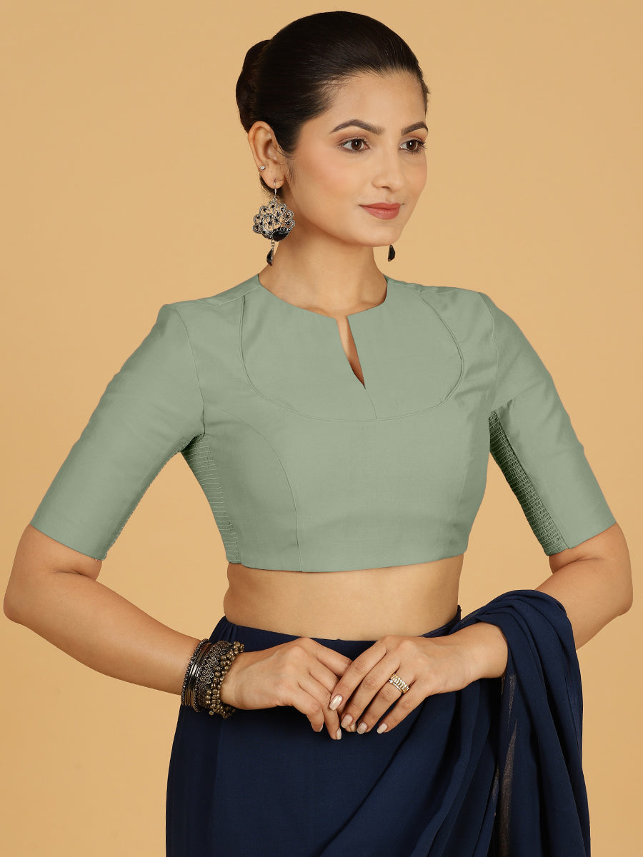 Karishma x Rozaana Saree Blouse, in Green Viscose, featuring elbow sleeves and jewel neckline, made for daily & work.