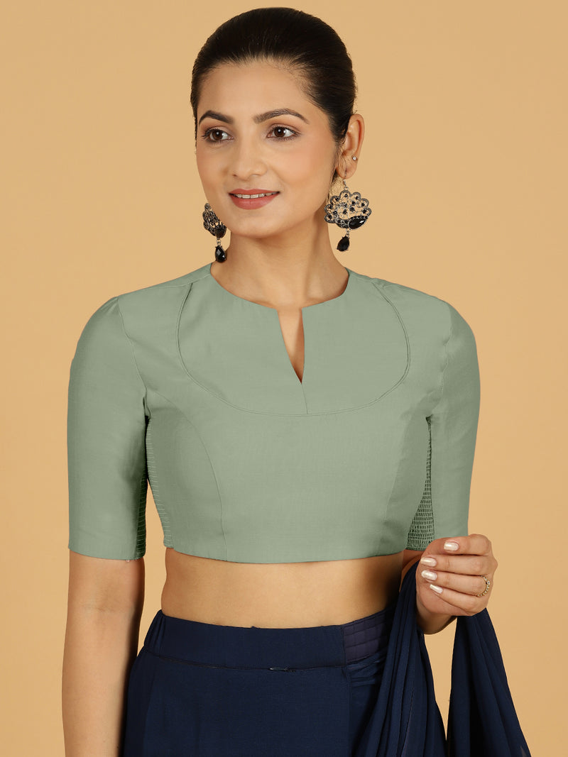 Karishma x Rozaana | Elbow Sleeves Saree Blouse in Mint Green-Binks