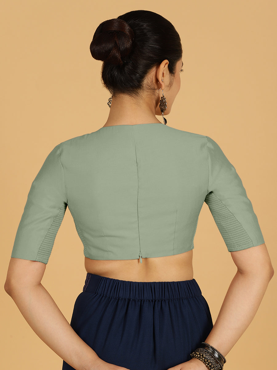 Karishma x Rozaana Saree Blouse, in Green Viscose, featuring elbow sleeves and jewel neckline, made for daily & work (view 2).