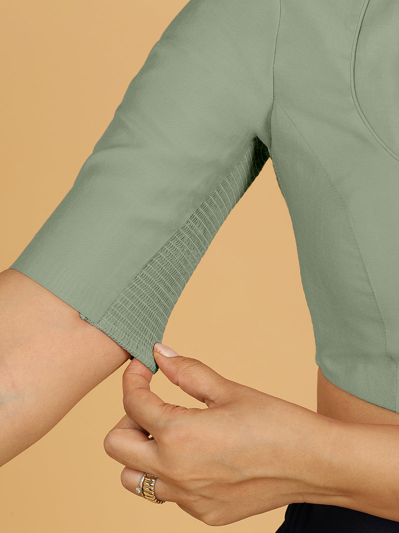 Karishma x Rozaana | Elbow Sleeves Saree Blouse in Mint Green-Binks