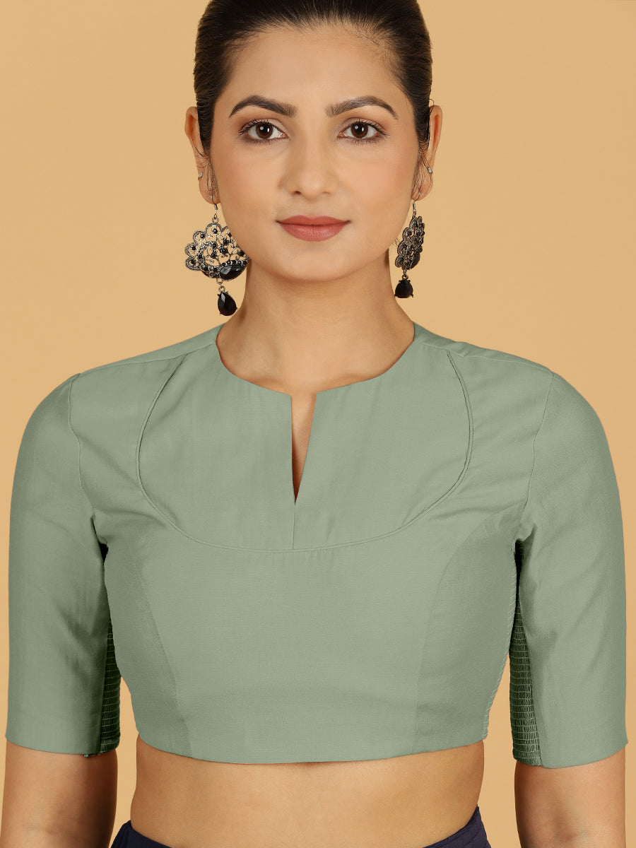 Karishma x Rozaana Saree Blouse, in Green Viscose, featuring elbow sleeves and jewel neckline, made for daily & work (view 5).