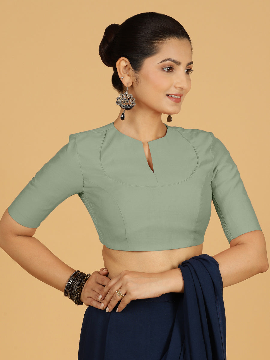 Karishma x Rozaana Saree Blouse, in Green Viscose, featuring elbow sleeves and jewel neckline, made for daily & work (view 7).
