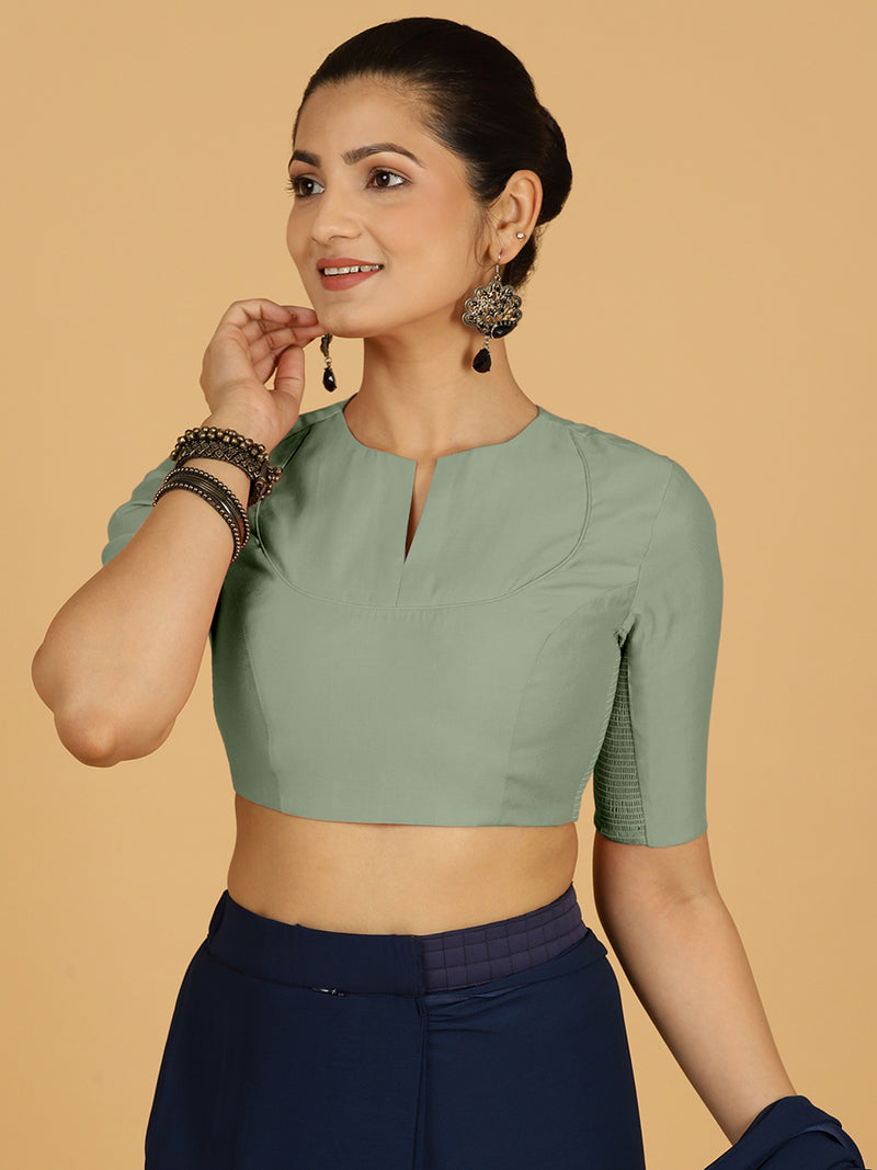 Karishma x Rozaana | Elbow Sleeves Saree Blouse in Mint Green-Binks