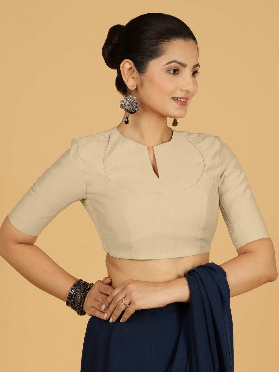 Karishma x Rozaana Saree Blouse, in Grey Viscose, featuring elbow sleeves and jewel neckline, made for daily & work.